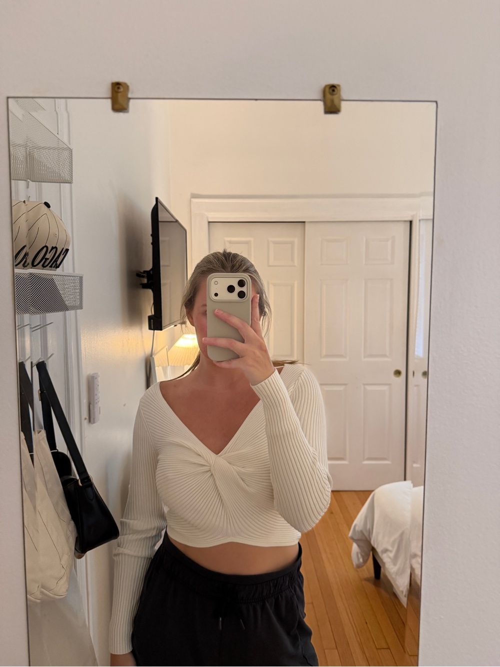 Abercrombie & Fitch Cream Twist-Front Ribbed Crop Top